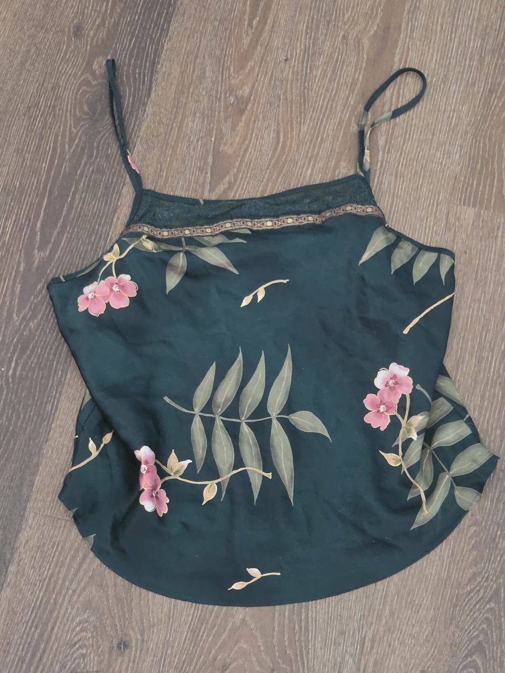 California Dynasty Floral Satin Camisole Top - Black with Pink Flowers Large